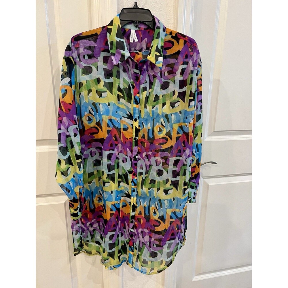Live 4 Truth Colorful Graffiti Print Button-Up Long Sleeve Blouse Artsy Medium